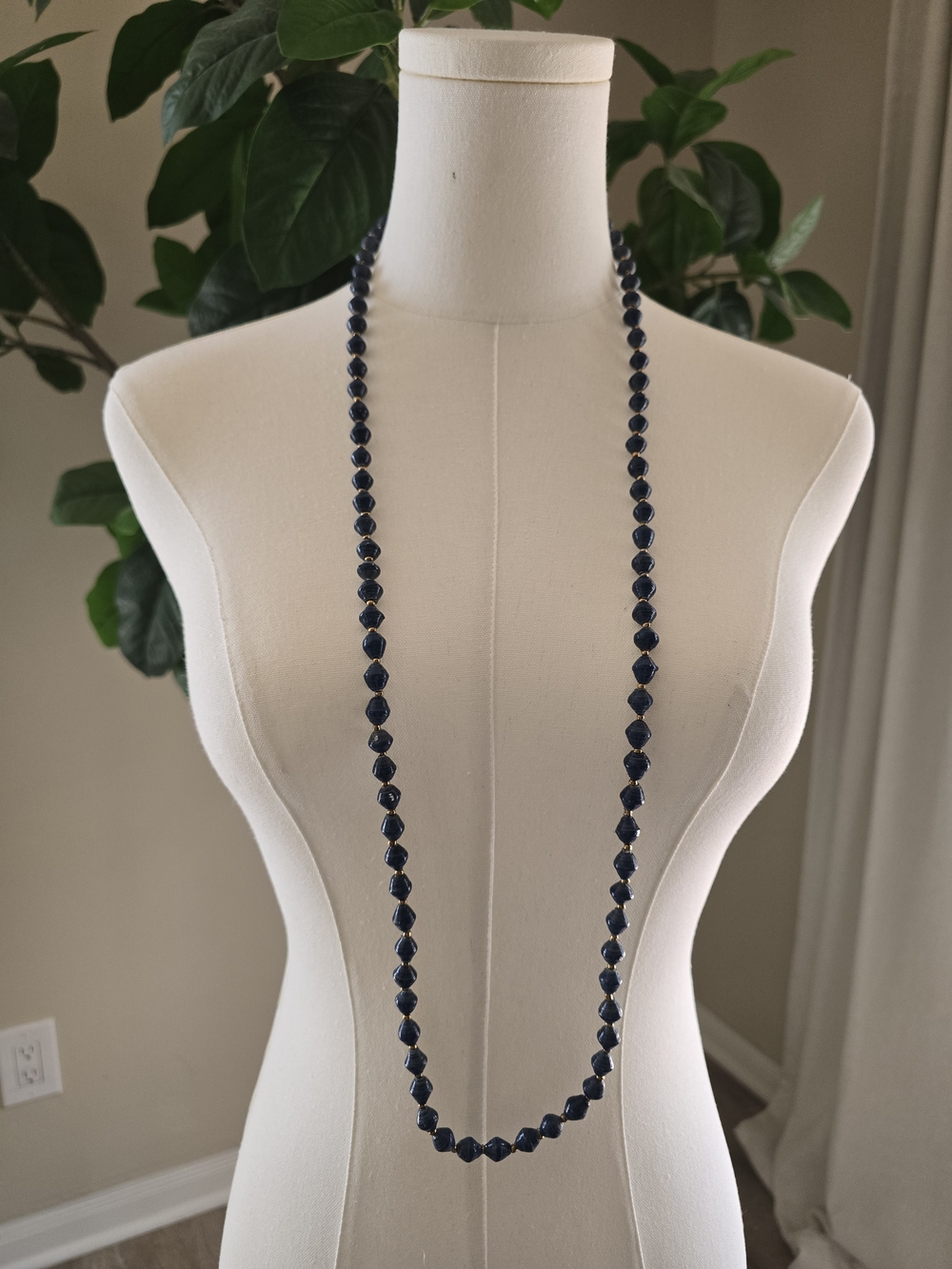 Classic Long Navy Beaded Necklace - 31 Bits